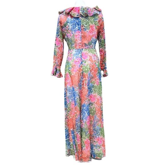 Vintage 60s Floral Print Ruffle Neck Long Sleeve Maxi Dress - Picture 4 of 16